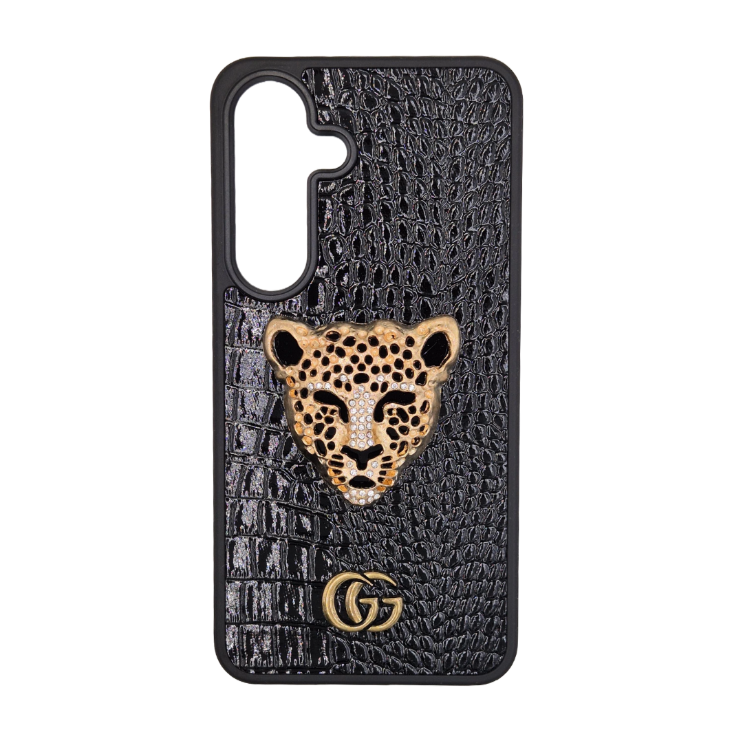 Valente Luxury Leopard Designer Case for Samsung Galaxy S25 – Crocodile Texture with 3D Golden Leopard Head & GG Emblem – Shockproof Protective Cover