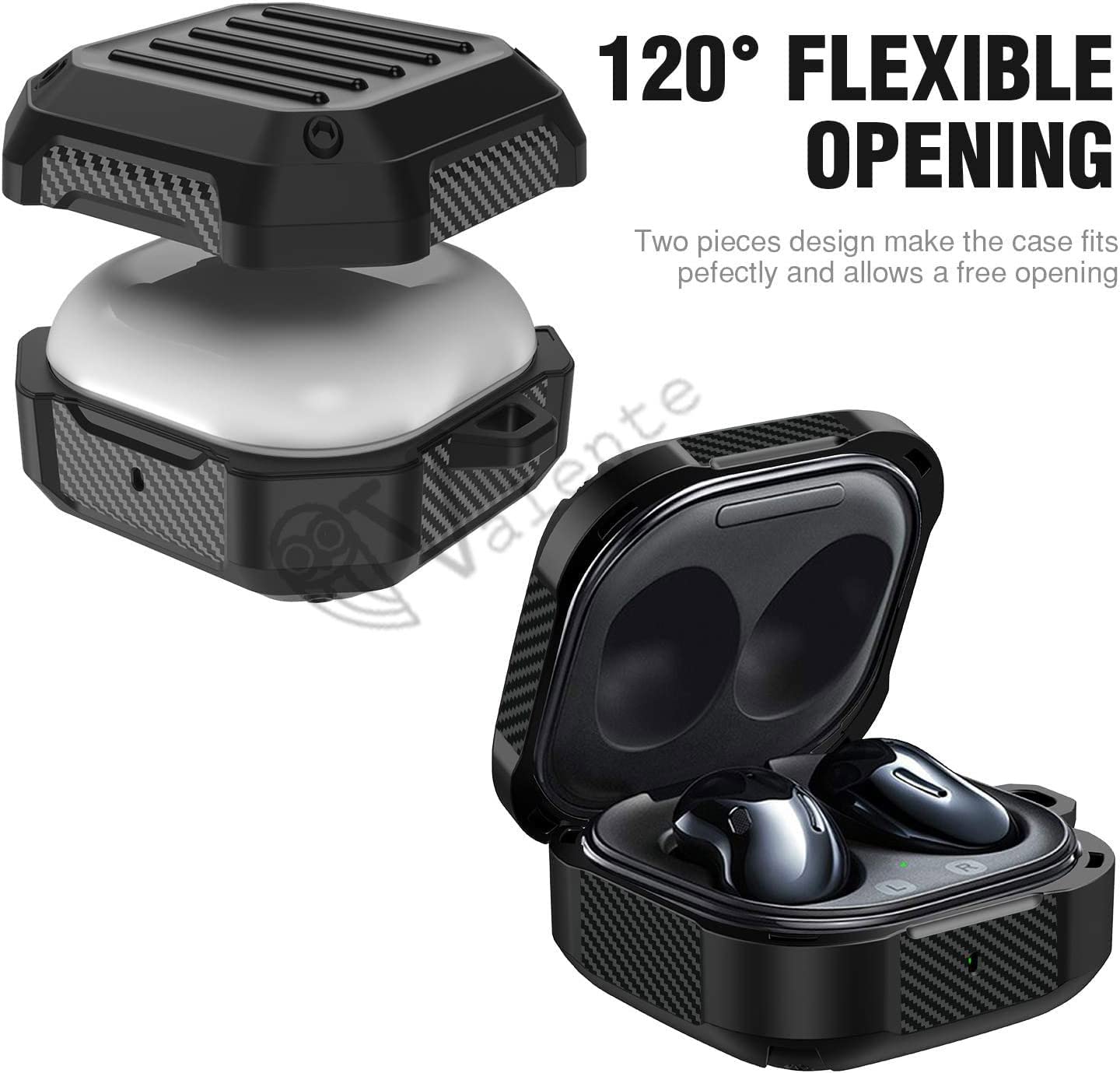 Valente Rugged Armor Carbon Protective Case with Carabiner for Samsung Galaxy Buds Live (2020) , Buds Pro (2021) , Buds2 (2021)