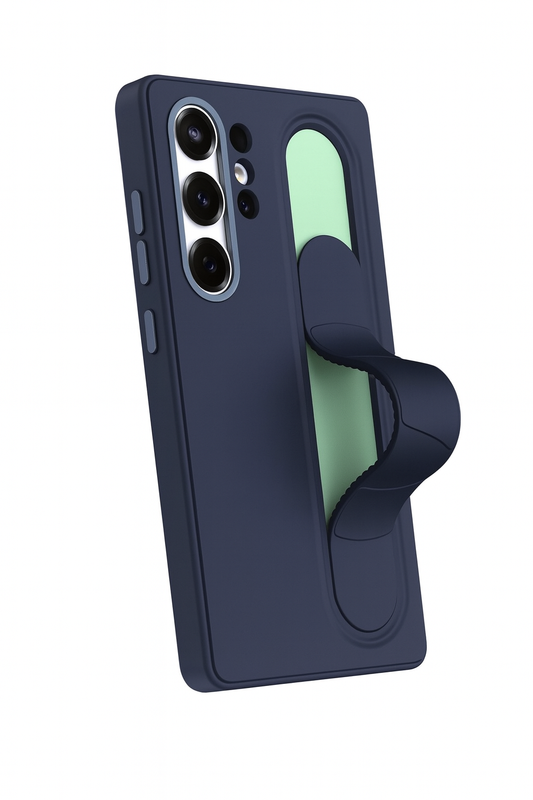 Valente Samsung Galaxy S25 Ultra finger strap case navy blue stand extended position