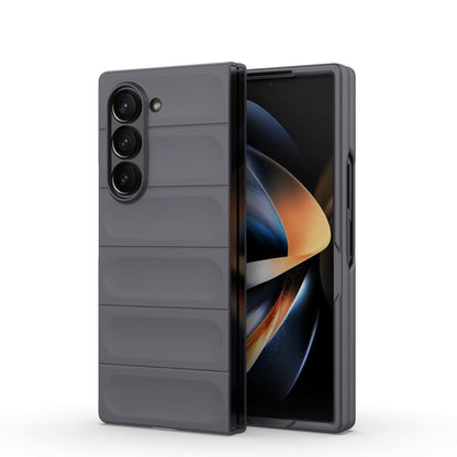 A black protective cover for the Samsung Galaxy Fold 6, showing the back camera array and foldable design.