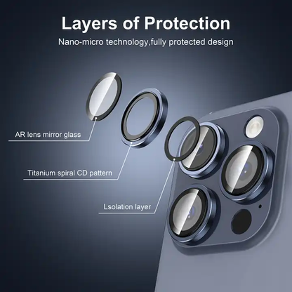 Protective camera lens rings for iPhone 15 Pro/Pro Max, designed to safeguard against scratches and impacts, priced at ₹99.