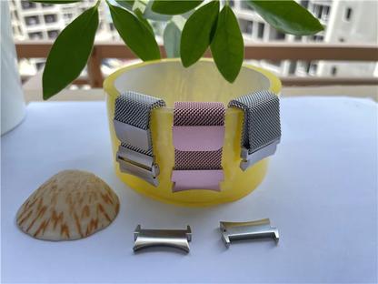 Metallic mesh watch strap with magnetic clasp closure, compatible with Samsung Galaxy Watch 4/5/6 models.