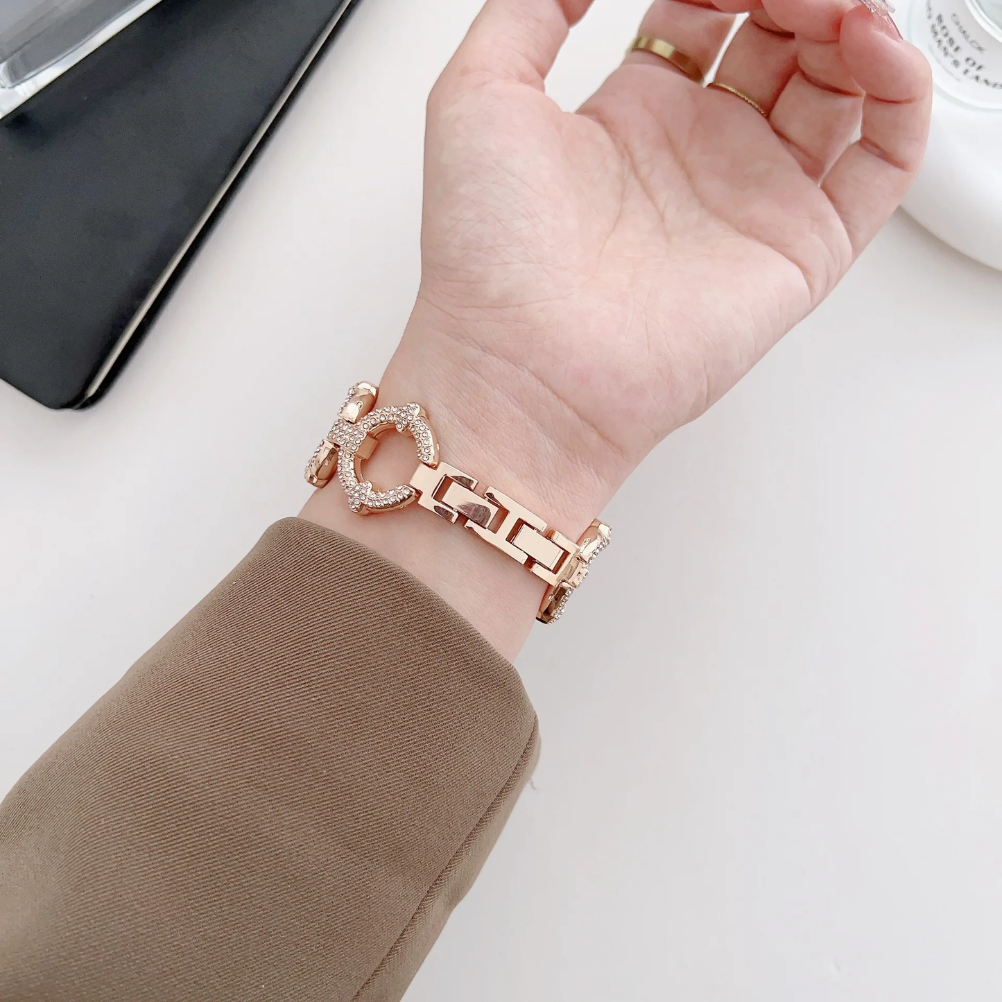 Valente Luxury Gold-Tone Diamond-Embedded Link Bracelet for Apple Watch 42/44/45/49mm