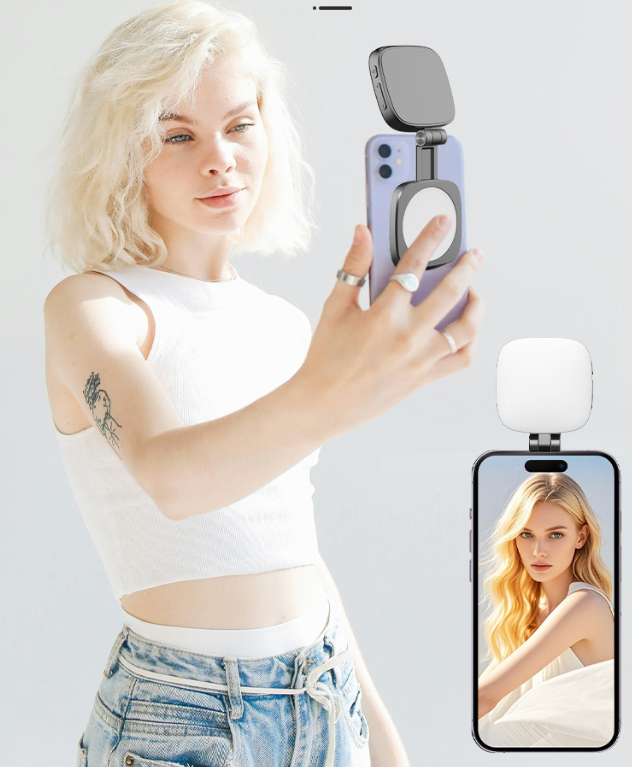 Valente MagSafe Compatible Magnetic Selfie Light | Rechargeable LED Fill Light with Built-in Mirror | Foldable Magnetic Phone Light for Video Calls, Selfies & Live Streaming