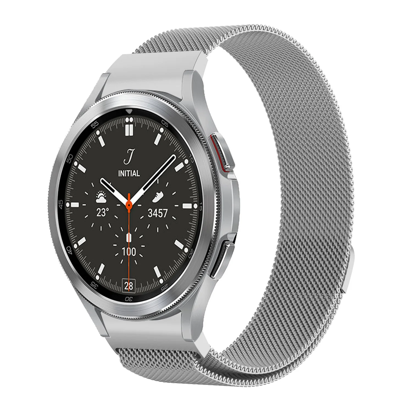 Metallic Silver mesh watch strap with magnetic clasp closure, compatible with Samsung Galaxy Watch 4/5/6 models.