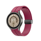 Maroon silicone strap for Samsung Galaxy Watch 4/5/6 with a matte black buckle and band loop, showcasing a smooth finish and a tapering design with holes for adjustable fit and comfort