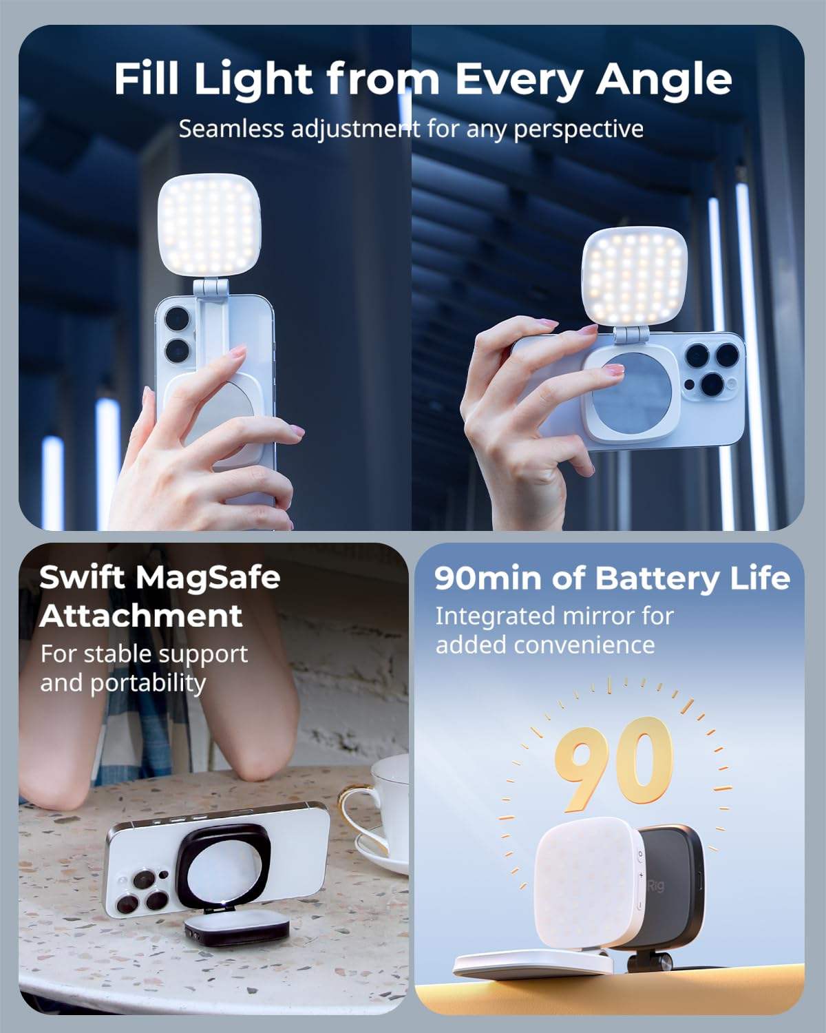 Valente MagSafe Compatible Magnetic Selfie Light | Rechargeable LED Fill Light with Built-in Mirror | Foldable Magnetic Phone Light for Video Calls, Selfies & Live Streaming