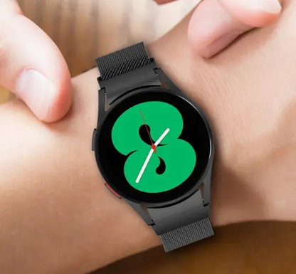 Metallic  mesh watch strap with magnetic clasp closure, compatible with Samsung Galaxy Watch 4/5/6 models.