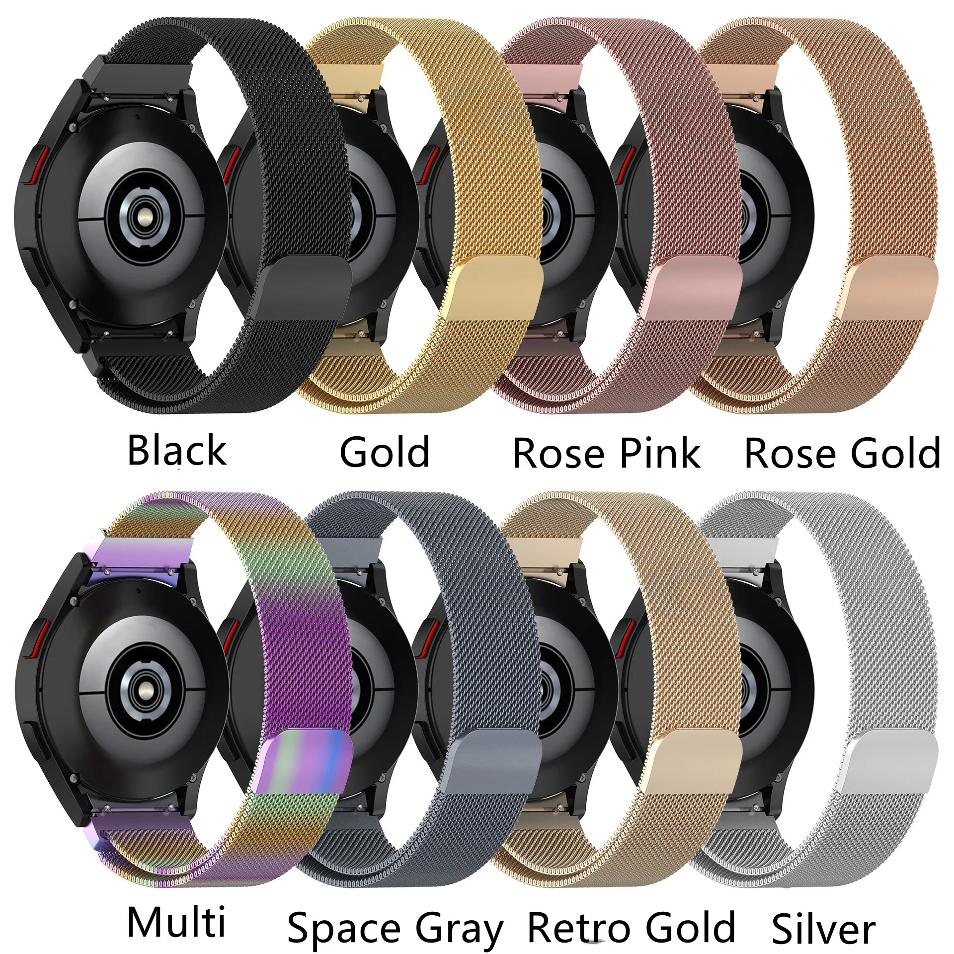 Metallic mesh watch strap with magnetic clasp closure, compatible with Samsung Galaxy Watch 4/5/6 models.