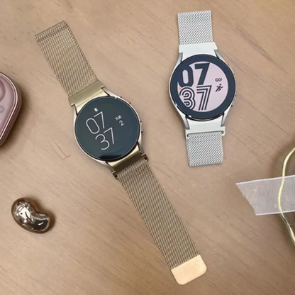 Metallic mesh watch strap with magnetic clasp closure, compatible with Samsung Galaxy Watch 4/5/6 models.