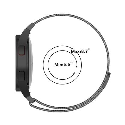 Metallic mesh watch strap with magnetic clasp closure, compatible with Samsung Galaxy Watch 4/5/6 models.