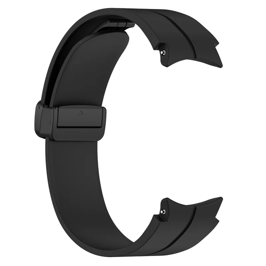 silicone strap for Samsung Galaxy Watch 4/5/6 with a matte black buckle and band loop, showcasing a smooth finish and a tapering design with holes for adjustable fit and comfort