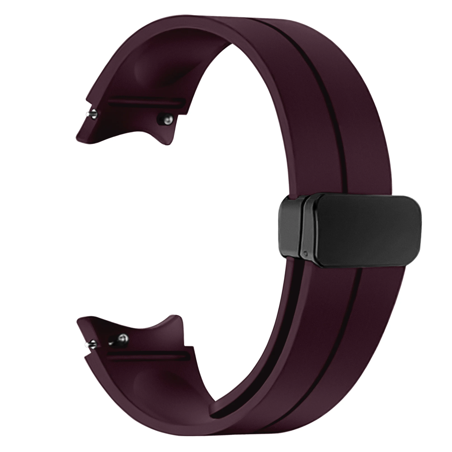 Deep purple silicone strap for Samsung Galaxy Watch 4/5/6 with a matte black buckle and band loop, showcasing a smooth finish and a tapering design with holes for adjustable fit and comfort