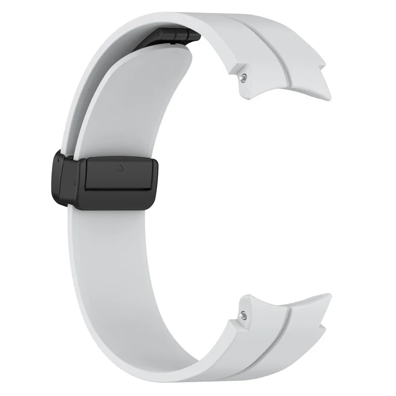 Grey silicone strap for Samsung Galaxy Watch 4/5/6 with a matte black buckle and band loop, showcasing a smooth finish and a tapering design with holes for adjustable fit and comfort