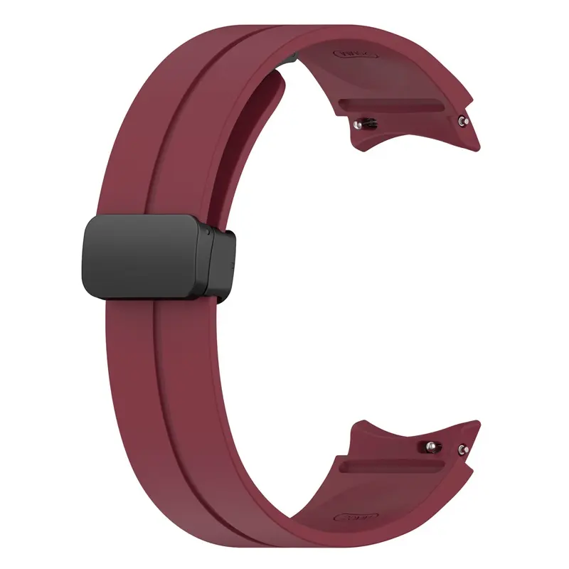 Maroon silicone strap for Samsung Galaxy Watch 4/5/6 with a matte black buckle and band loop, showcasing a smooth finish and a tapering design with holes for adjustable fit and comfort