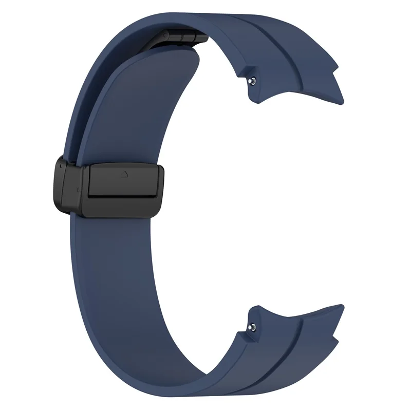 Navy Blue silicone strap for Samsung Galaxy Watch 4/5/6 with a matte black buckle and band loop, showcasing a smooth finish and a tapering design with holes for adjustable fit and comfort