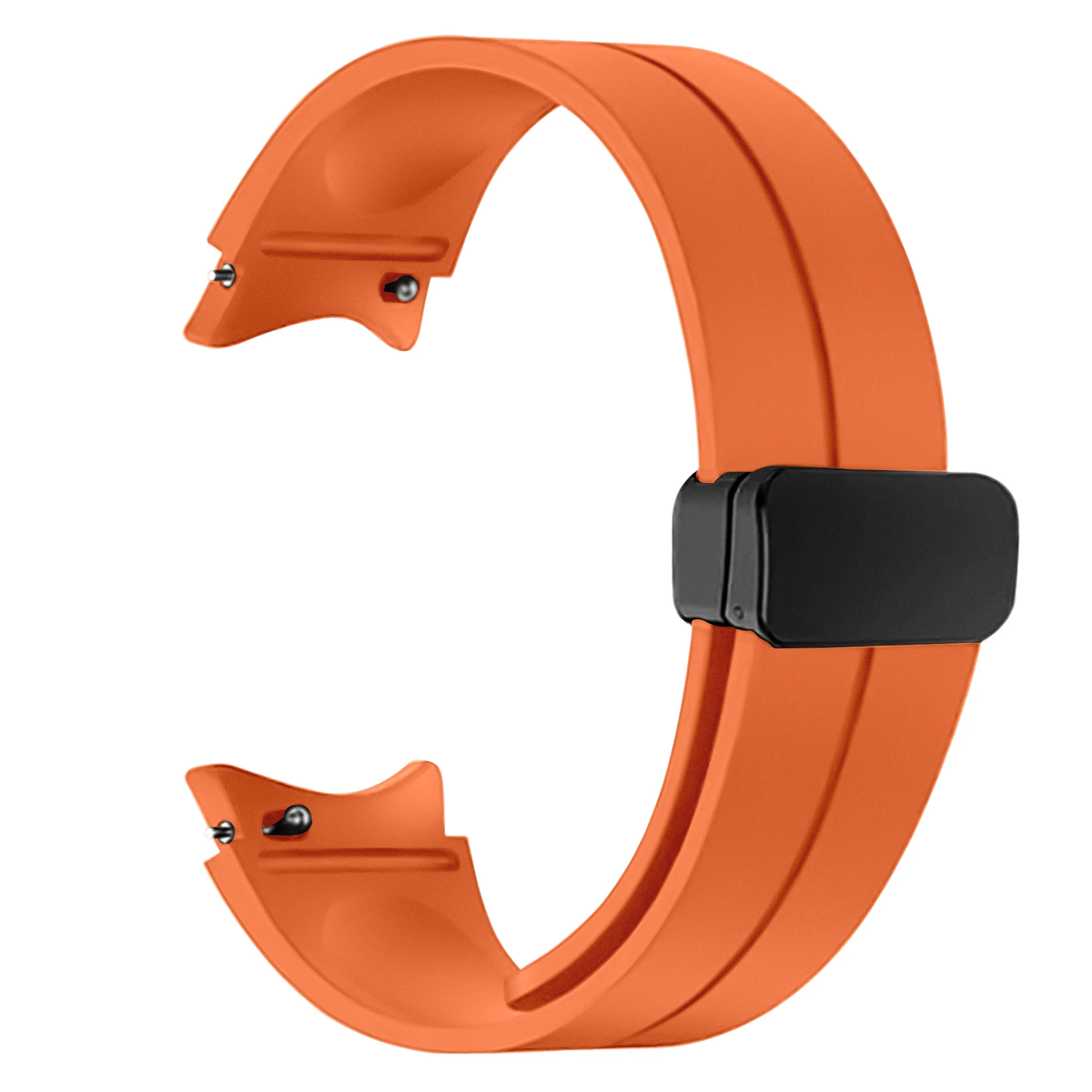 Orange silicone strap for Samsung Galaxy Watch 4/5/6 with a matte black buckle and band loop, showcasing a smooth finish and a tapering design with holes for adjustable fit and comfort